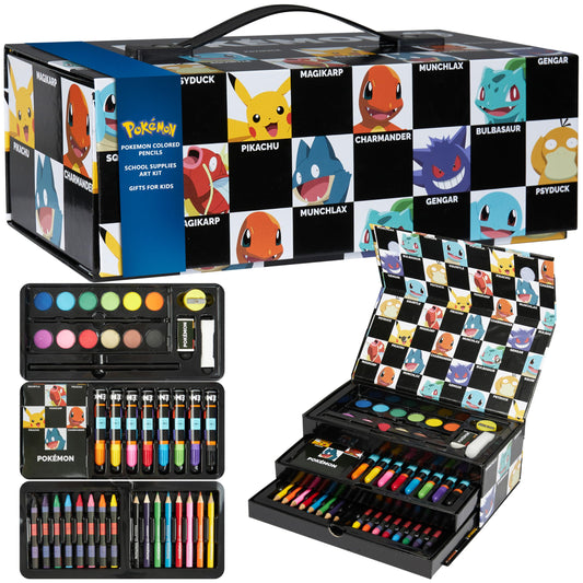 Pokémon art set with black cover front shows organized storage for kids' drawing projects.