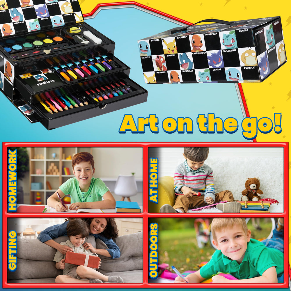 Pokémon art set markers-crayons-closeup highlights vibrant colors for creative play.