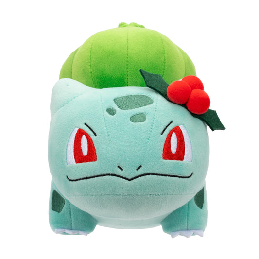 Pokémon Bulbasaur holiday plush front view in cozy cuddle pose for kids