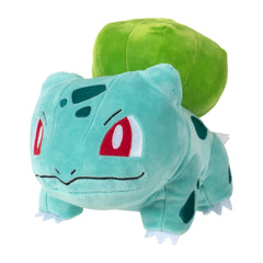 Pokemon Bulbasaur plush close up shows friendly details.