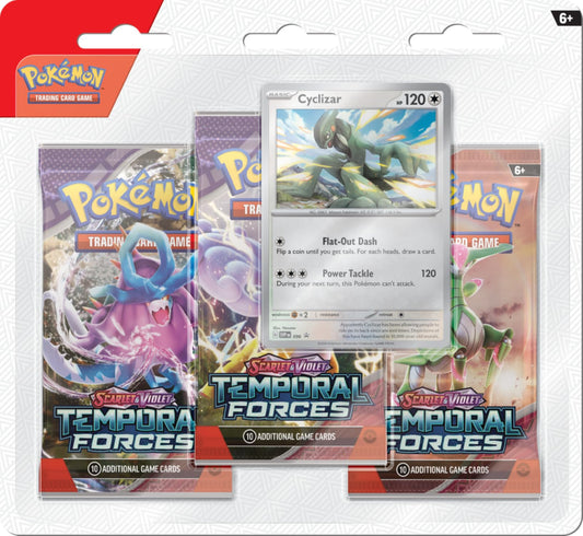 Pokémon Cards SV5 Temporal Forces blister pack with three booster packs for collectors.