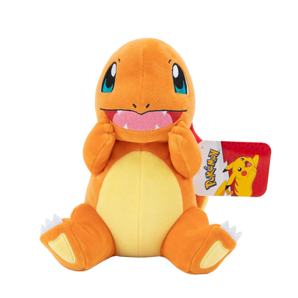 Pokémon Charmander plush 8-inch front view highlighting cuddly, portable companion for play and display.