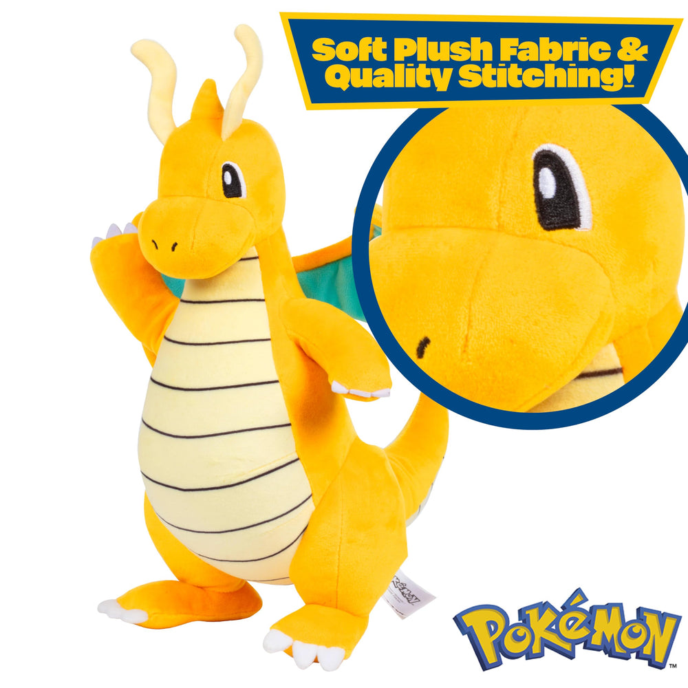 Pokémon Dragonite plush close-up, featuring soft fabric and friendly expression