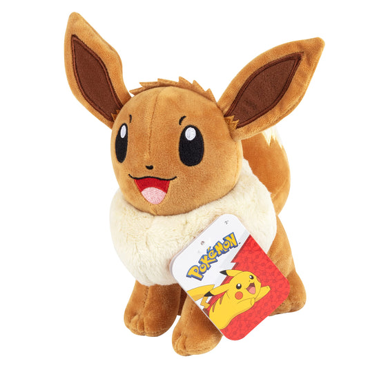 Pokémon Eevee plush front view highlights soft cuddle texture for hugs.