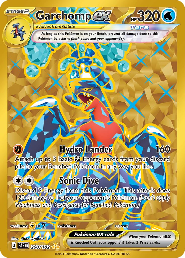 Pokémon Garchomp ex card from Paradox Rift with gold foil, ideal for display and collection.