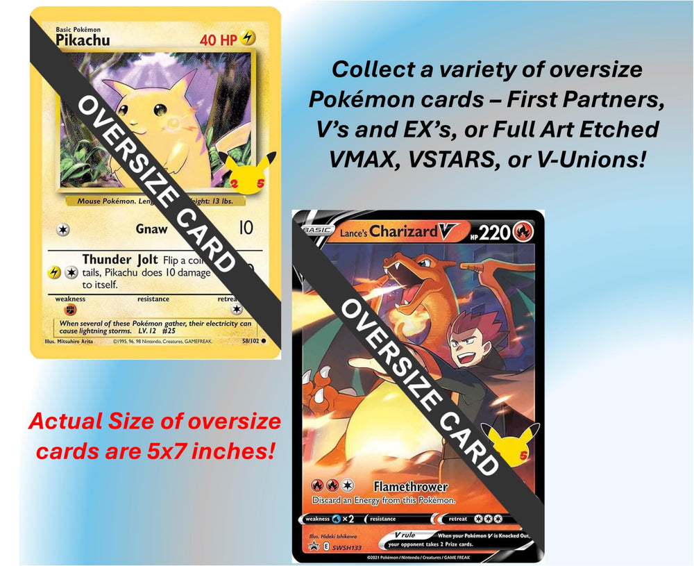 Pokémon jumbo cards show real 5x7 inch size for desk display.