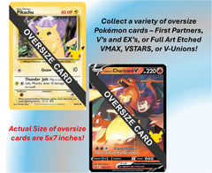 Pokémon jumbo cards show real 5x7 inch size for desk display.