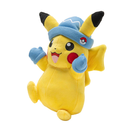 Pokémon Pikachu holiday plush with Santa hat—soft and cuddly, ideal stocking stuffer.