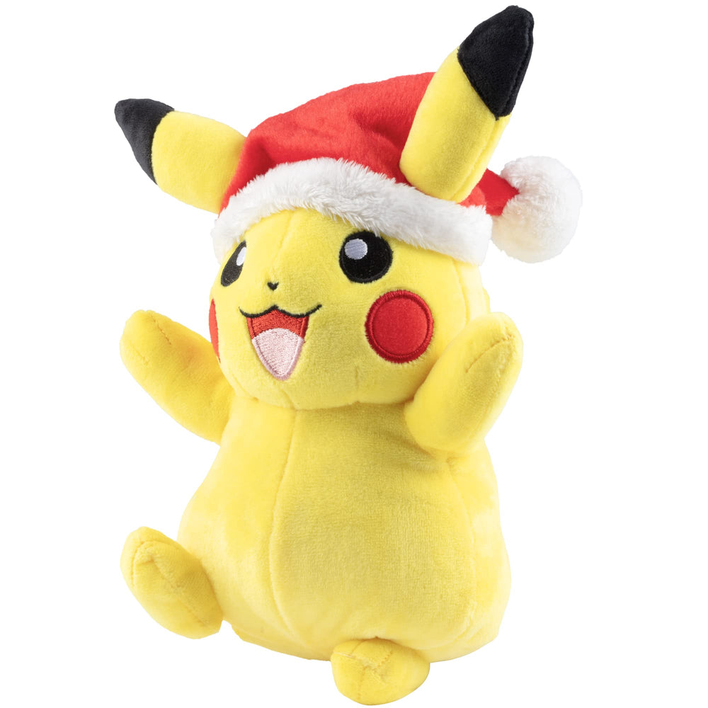 Pokémon Pikachu plush Santa hat close-up showing soft fabric.