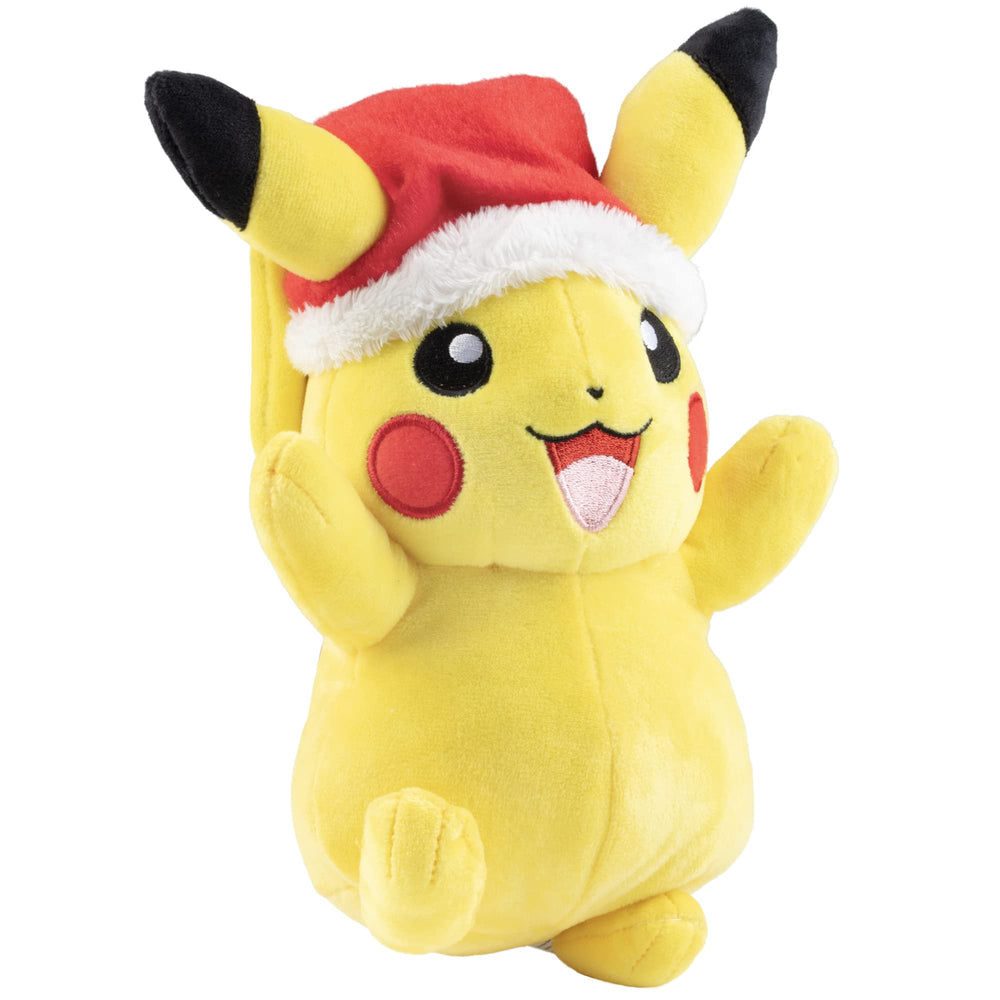Pokémon Pikachu plush Santa hat in hand highlights portable size.