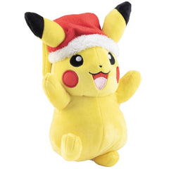 Pokémon Pikachu plush Santa hat in hand highlights portable size.
