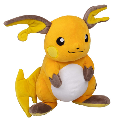 Pokémon Raichu plush front view, ultra-soft for cozy hugs.