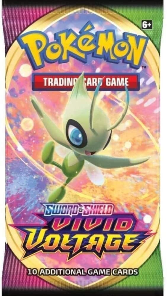 Pokemon SAS4 Vivid Voltage Booster Pack packaging close-up showing the logo and online code access.