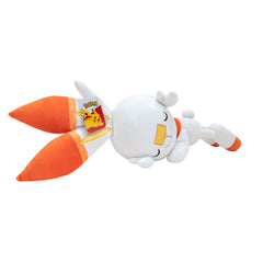 Pokémon Scorbunny 18in sleeping plush with soft fabric for cozy cuddles.