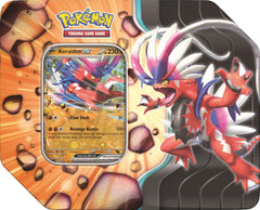Pokémon Slashing Legends Tin front art featuring Zacian ex or Koraidon ex for collection