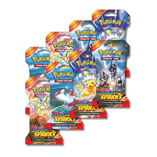 Pokemon Surging Sparks sleeve-pack with eight booster packs for organized storage.