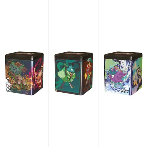 Pokemon TCG stacking tin with three booster packs for quick opening sessions.