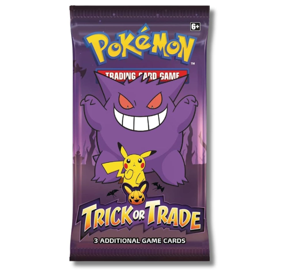 Pokemon Trick or Trade Gengar and Pikachu mini booster pack contents, ideal for expanding decks.
