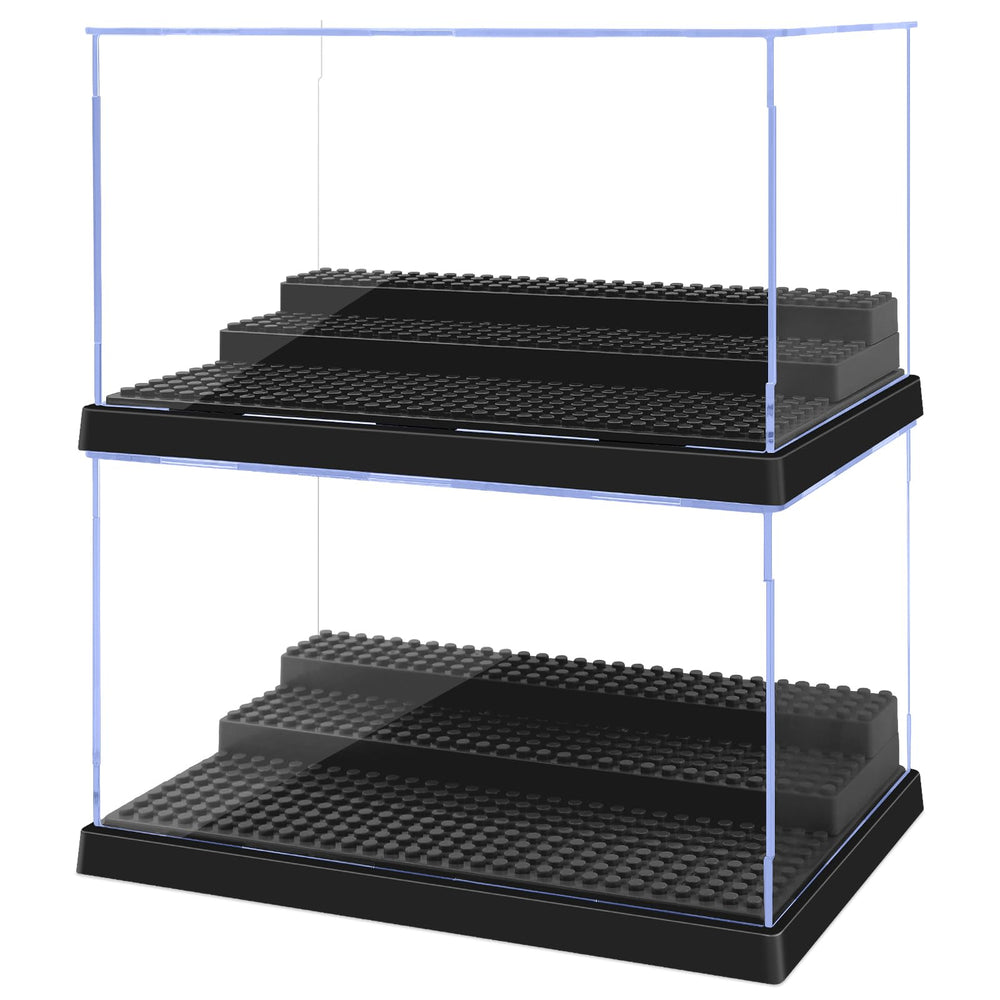 Pokiiulk two-box minifigure display case showcases figures clearly on a shelf.