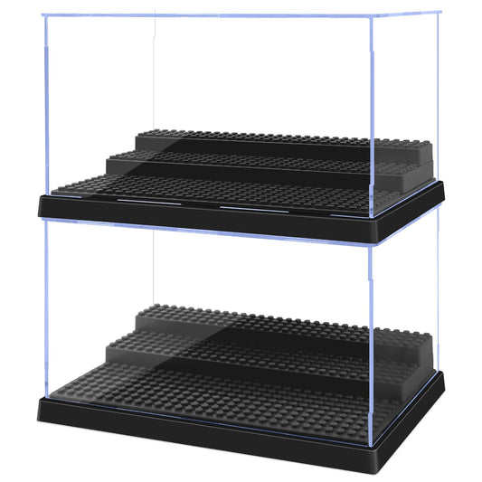 Pokiiulk two-box minifigure display case showcases figures clearly on a shelf.