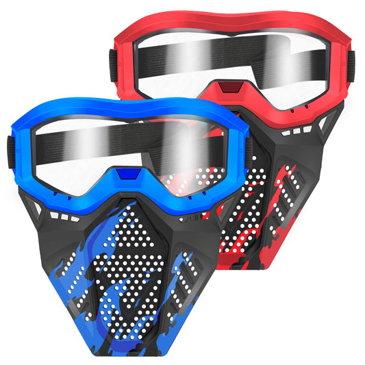 POKONBOY blue tactical mask with goggles for eye protection during outdoor play.