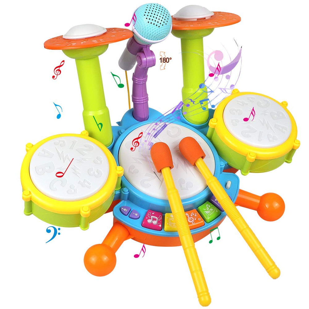 POKONBOY kids drum set with colorful pads promotes early music exploration and coordination.