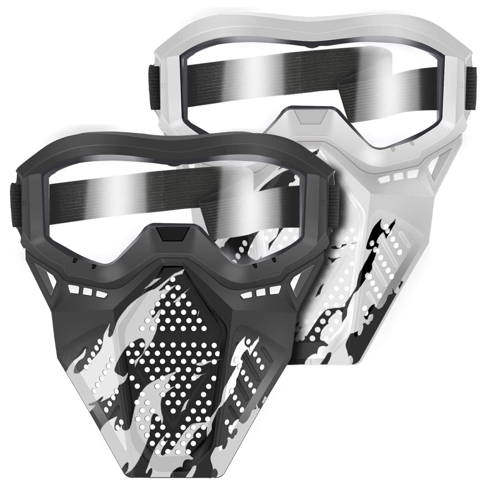 POKONBOY white tactical mask with goggles for Nerf play and eye protection.