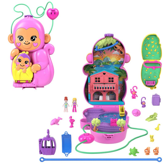 Polly Pocket Momma Monkey and Baby purse connection highlights portable jungle play.