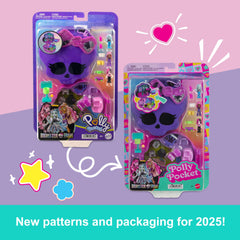 Polly Pocket Monster High playset compact storage keeps pieces organized on the go.