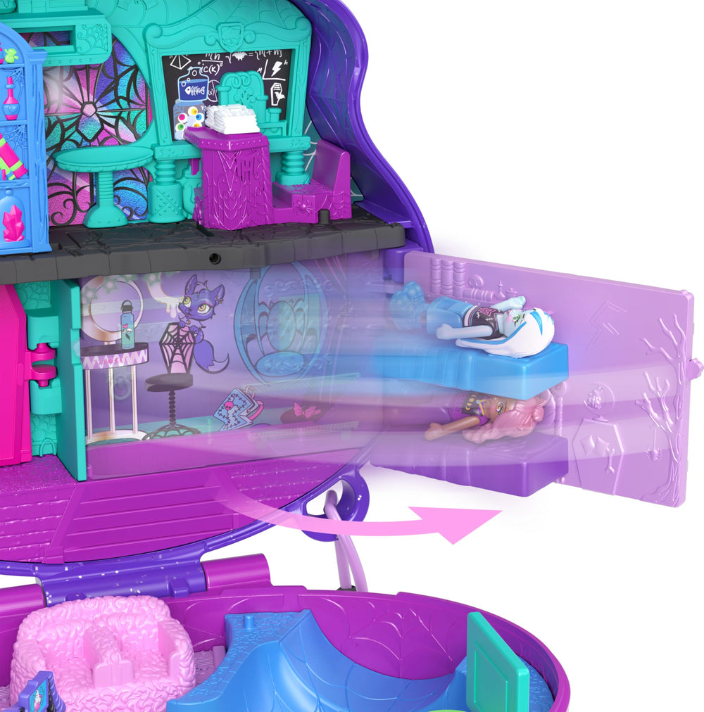 Polly Pocket Monster High micro dolls trio featuring Draculaura Clawdeen Wolf Frankie Stein in tiny form.