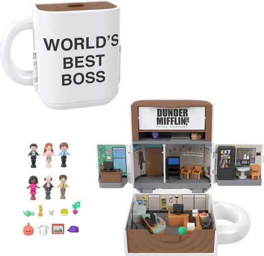 Polly Pocket Office mug exterior with six micro-dolls for display and imaginative replays.
