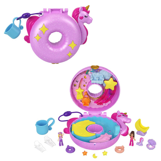 Polly Pocket Sparkle Cove Unicorn Floatie Compact opened for imaginative pool party play
