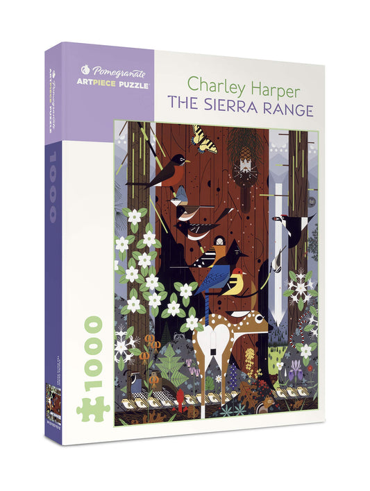 Pomegranate Charley Harper Sierra Range puzzle box art with bold lines and color clarity.