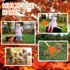 POMIKU toddler rake with smooth wooden grip; comfortable, kid-friendly gardening.