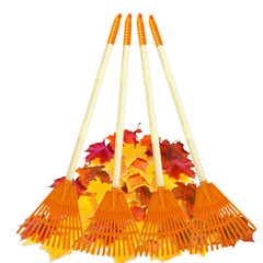 POMIKU Kids Rakes with wooden handles; adjustable length for easy gardening.