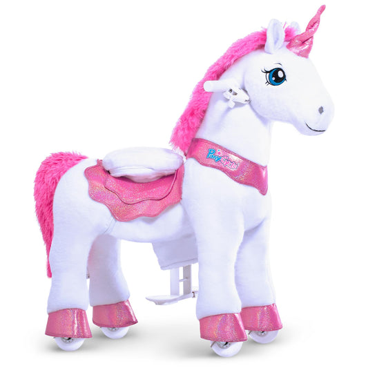 PonyCycle ride-on unicorn pink front view with plush fabric and safety-focused design.