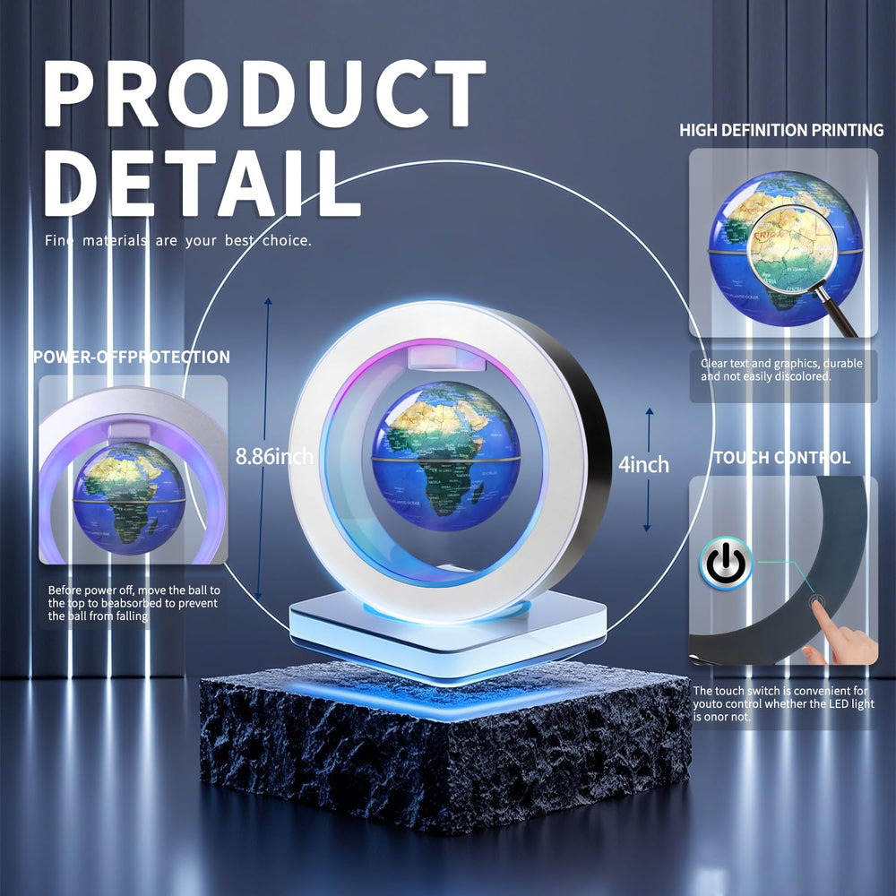 Poojaed magnetic levitation globe with soft glow for ambient lighting.