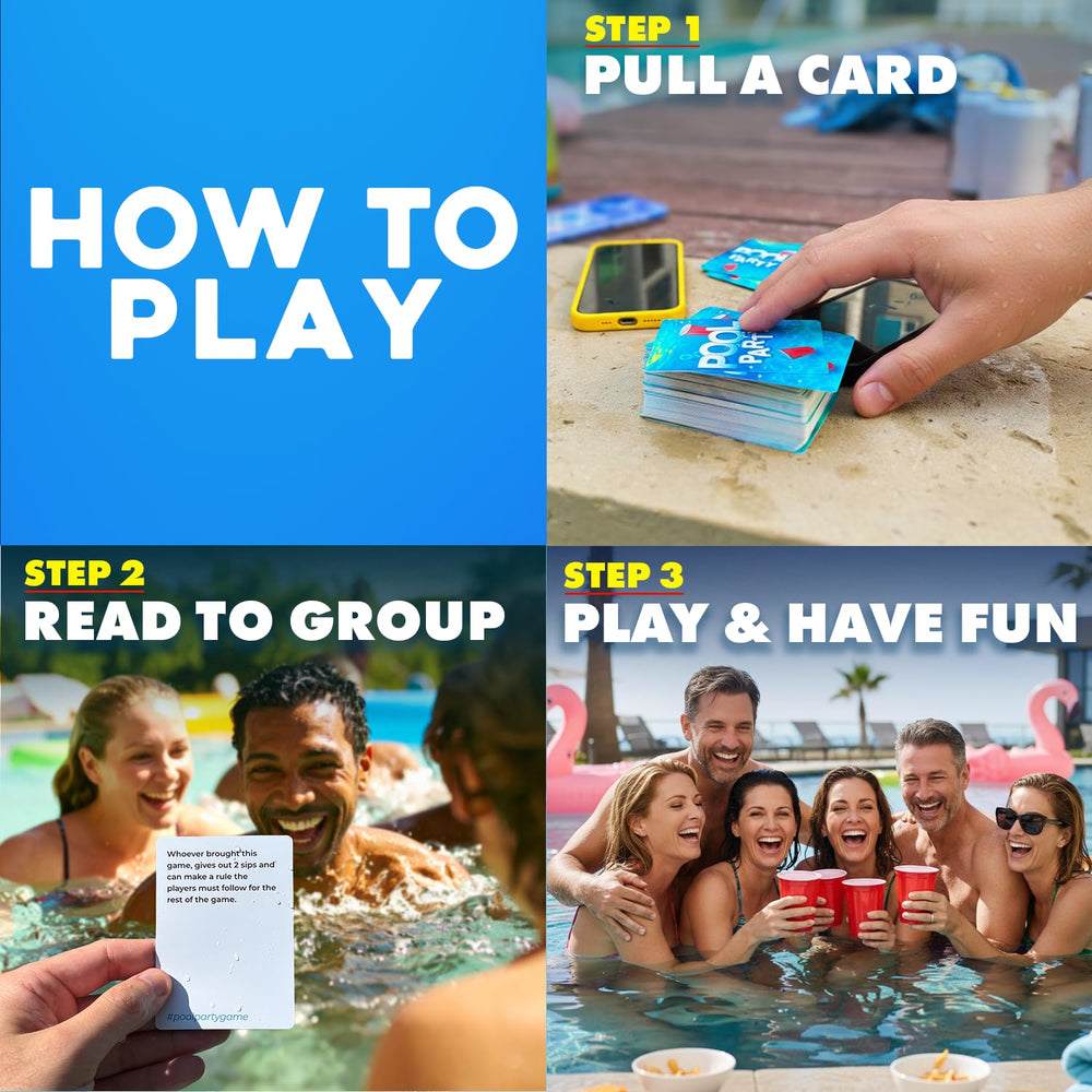 Pool Party poolside game setup with friends laughing and competing.