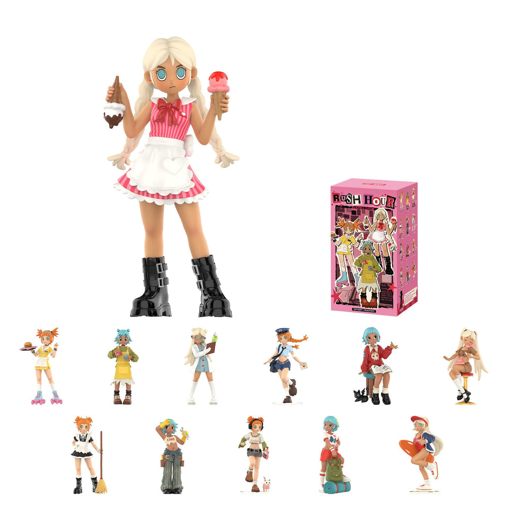 POP MART Peach Riot Rush Hour figure on display stand enhances desk decor