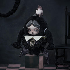 POP MART Skullpanda × Wednesday plush posed to showcase outfit and charm.
