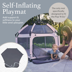 POP 'N GO PLAYPEN self-inflating mat inflates quickly for fast playtime setup.