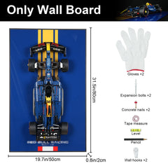 Popbricks garage wall art racecar display adds a focal point.