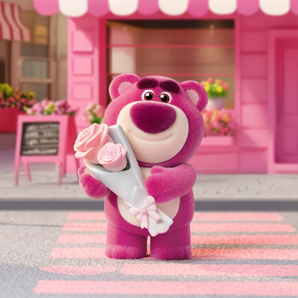 POPMART Lotso figure in dynamic pose adds character to shelves.