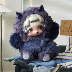 POP MART Skullpanda You Found Me figure close-up reveals vibrant textures and plush feel.