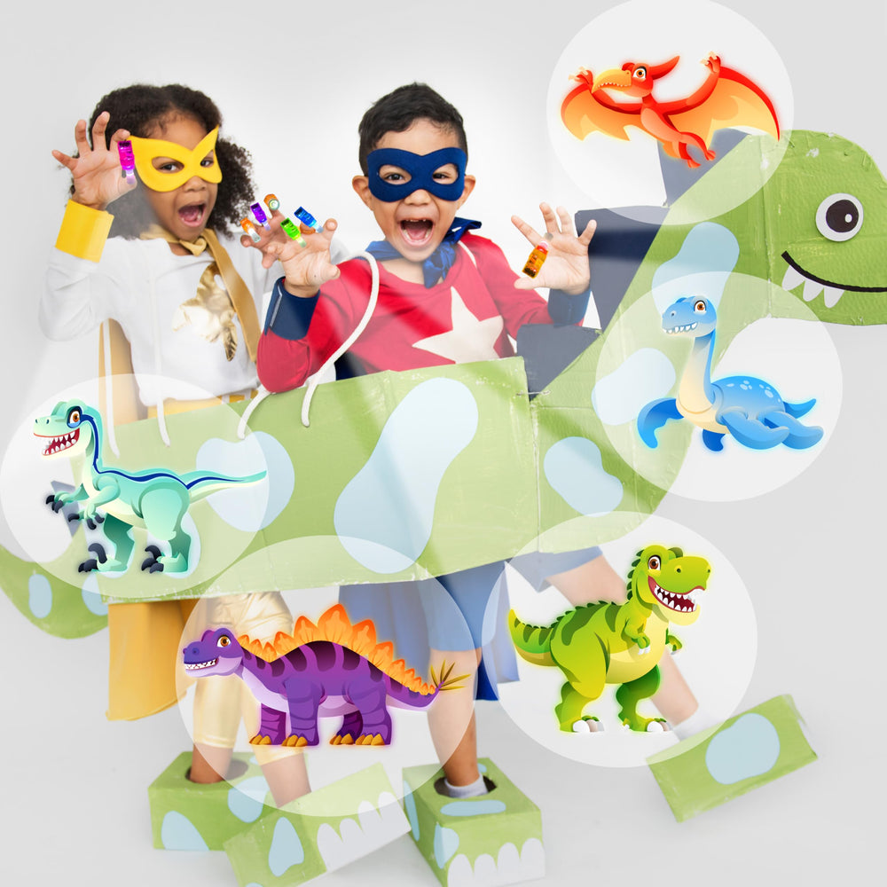 POPOOO dinosaur finger lights with stretchable rubber strap; durable kid-friendly party toys.