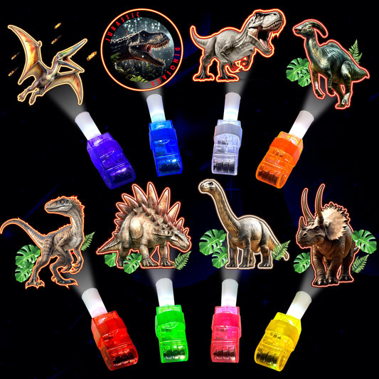 POPOOO Jurassic LED finger light with Tyrannosaurus pattern for glowing party favors.