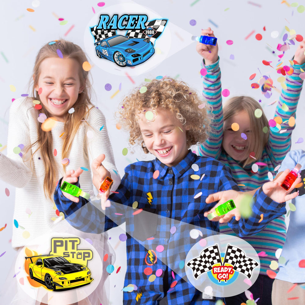 POPOOO racing car pattern projects on fingers during imaginative play.