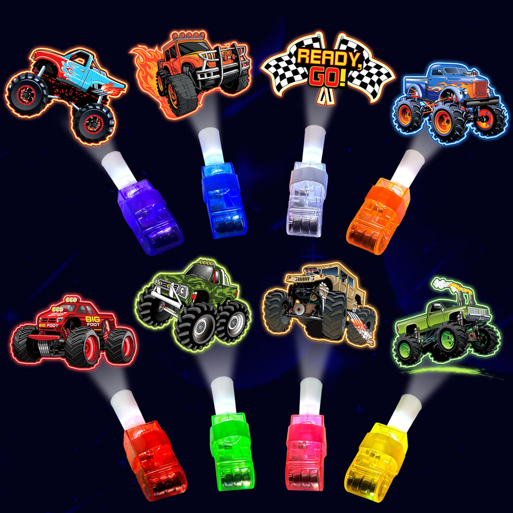 POPOOO Monster Trucks LED finger lights 24-pack with eight designs for party fun.