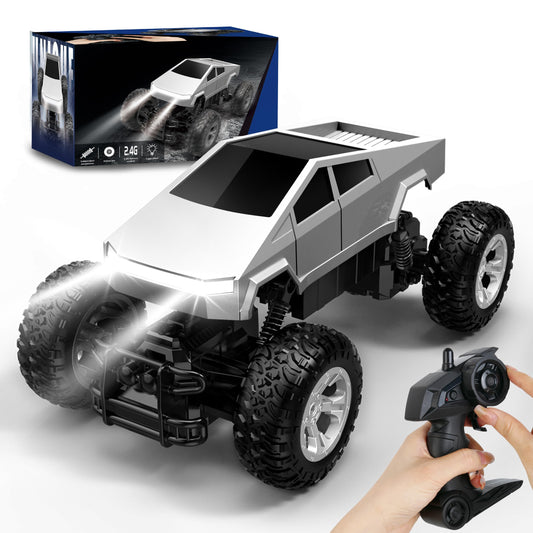 POPOOO RC cyber pickup truck front view shows rugged ABS build for off-road play