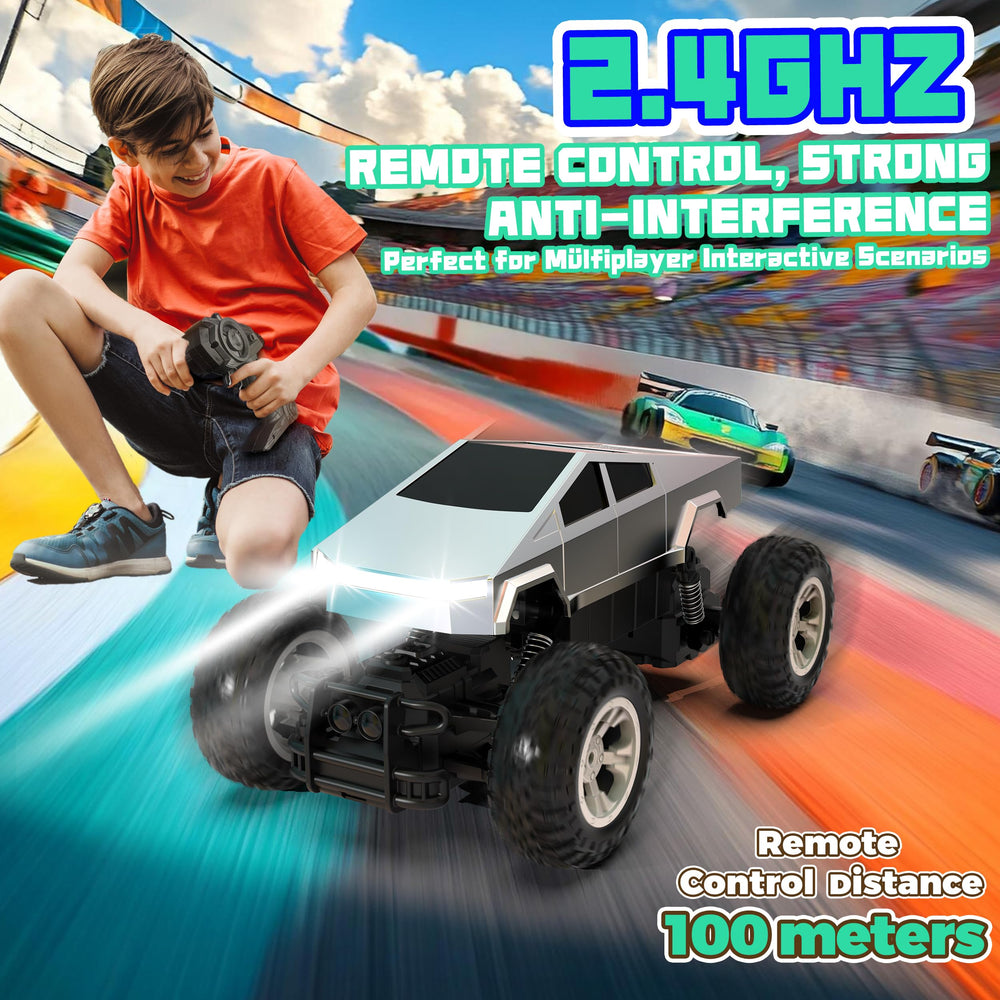 POPOOO RC cyber pickup truck side profile highlights high-traction tires for varied terrains
